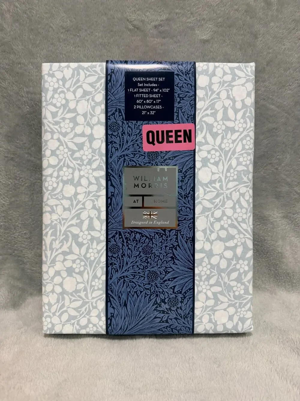 William Morris At Home Queen Sheet Set 4pc Tonal Clover Soft Blue Percale Cotton
